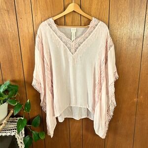 Chicos Pink Rayon Lace Embroidery Mesh Top S/M Floral Boho Romantic Blouse